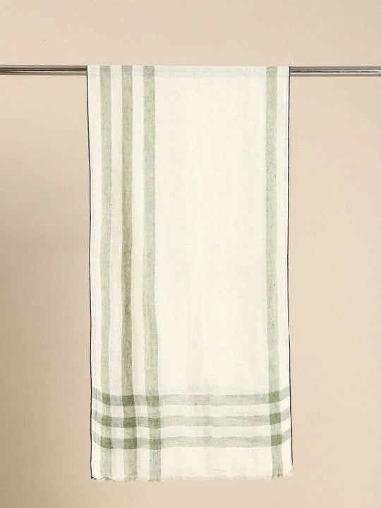 Linen Scarf with Green stripes and Blue selvedge