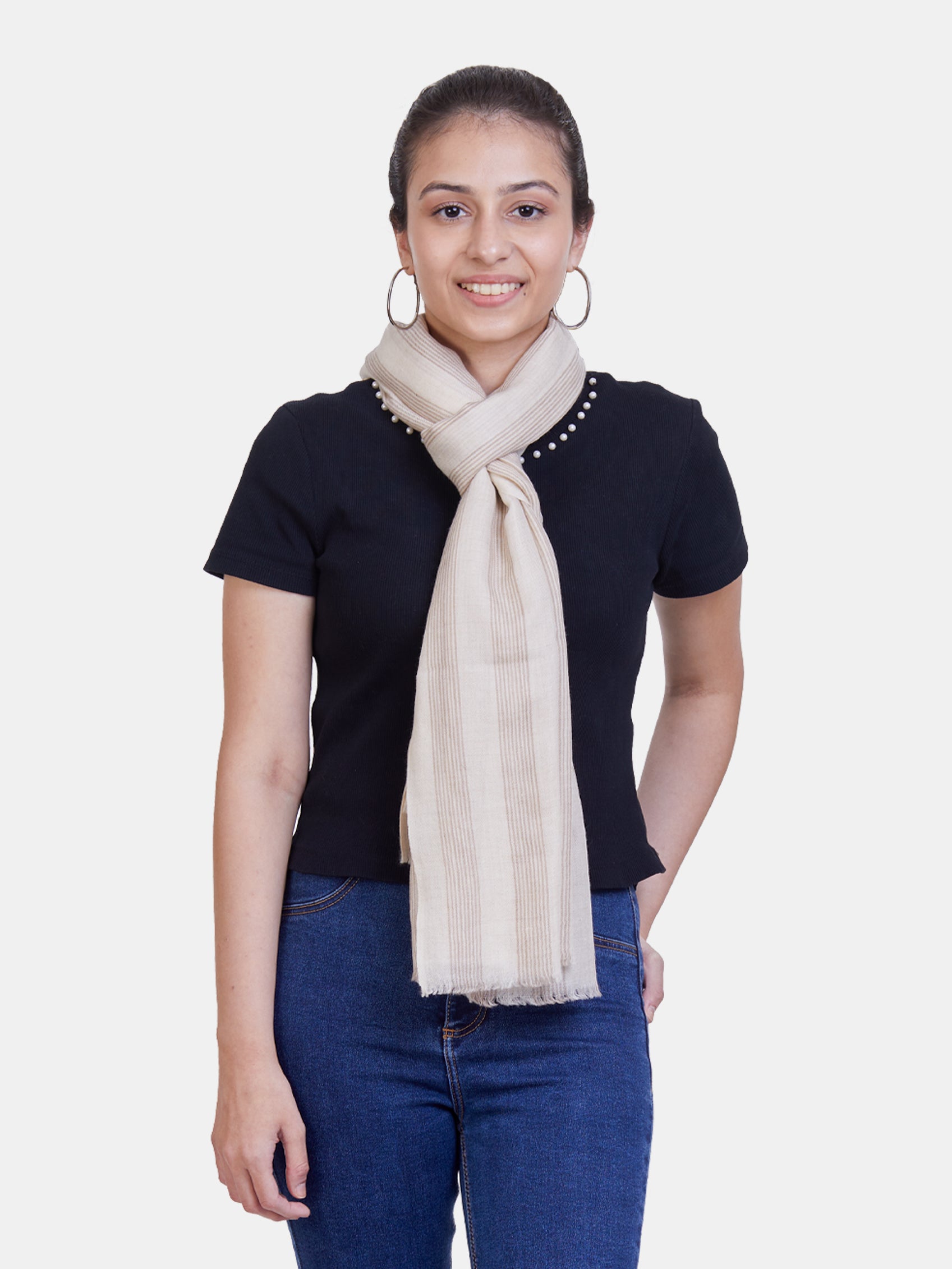 ASVA Off-White Semi Pashmina with Fine Beige Stripes