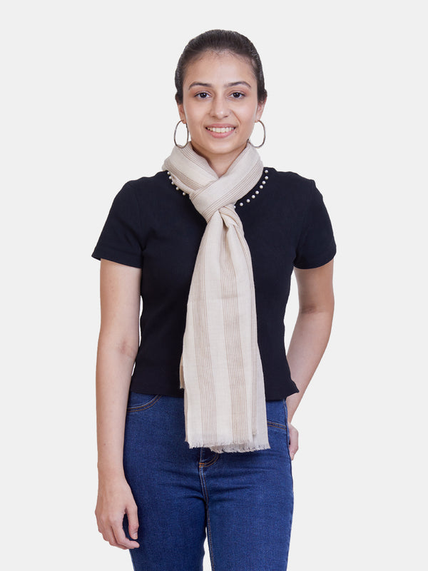 Off-White Semi Pashmina with Fine Beige Stripes