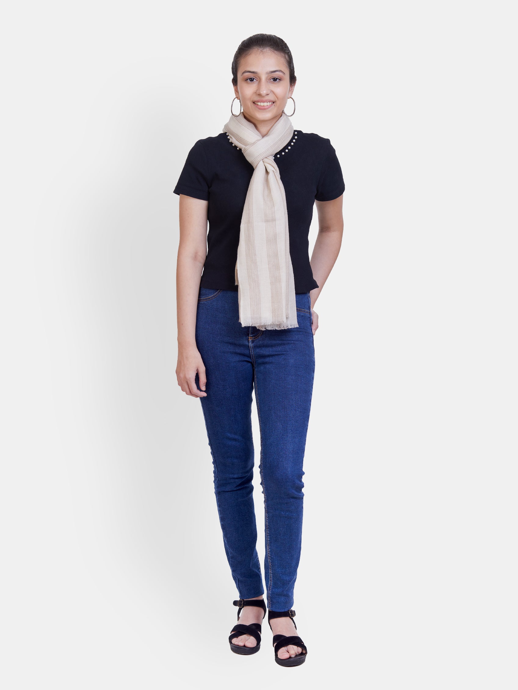 ASVA Off-White Semi Pashmina with Fine Beige Stripes