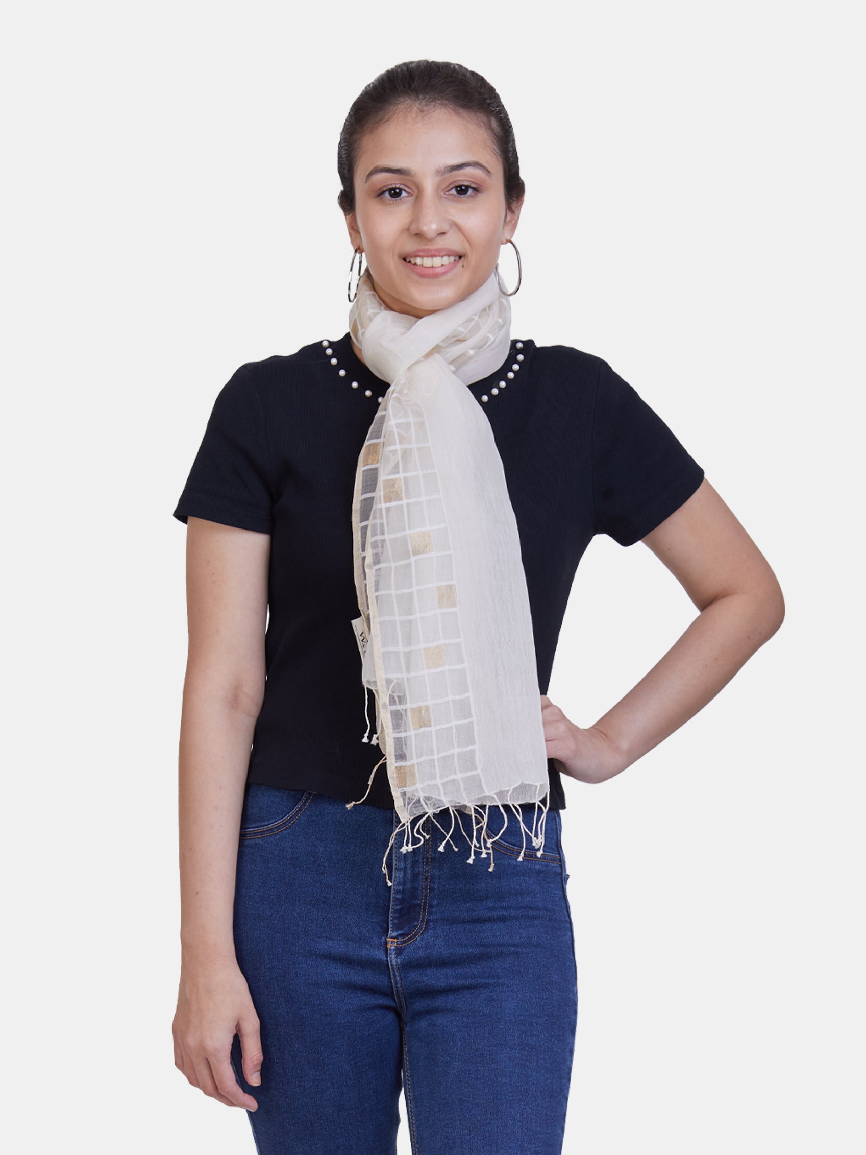 ASVA Off-White Silk Cotton Scarf with Handwoven Zari Checks and zari border
