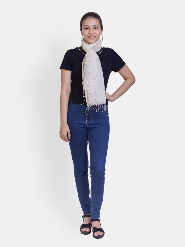 Off-White Silk Cotton Scarf with Handwoven Zari Checks and zari border