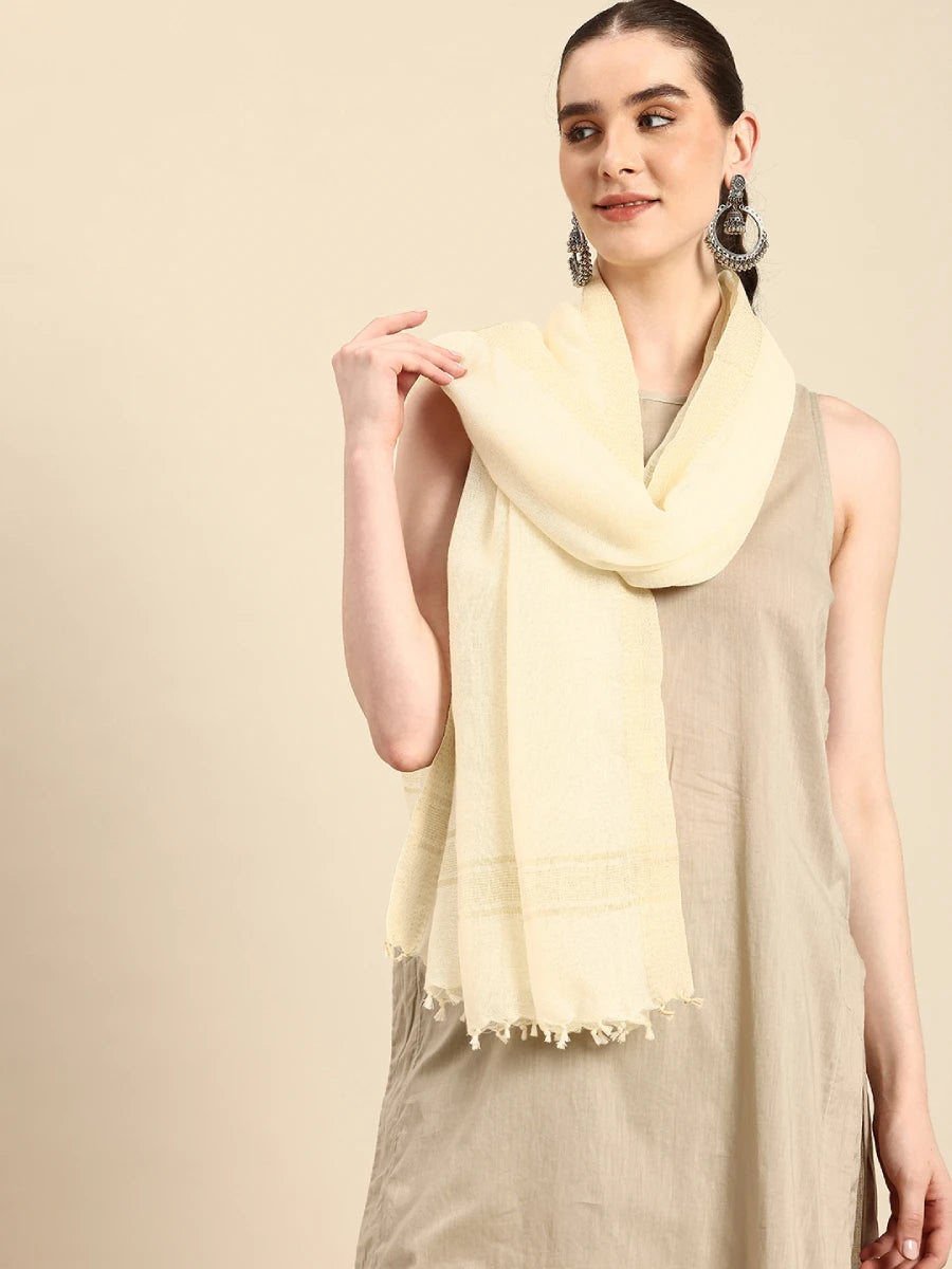 Off-White Wool Scarf with Zari Border and Selvedge