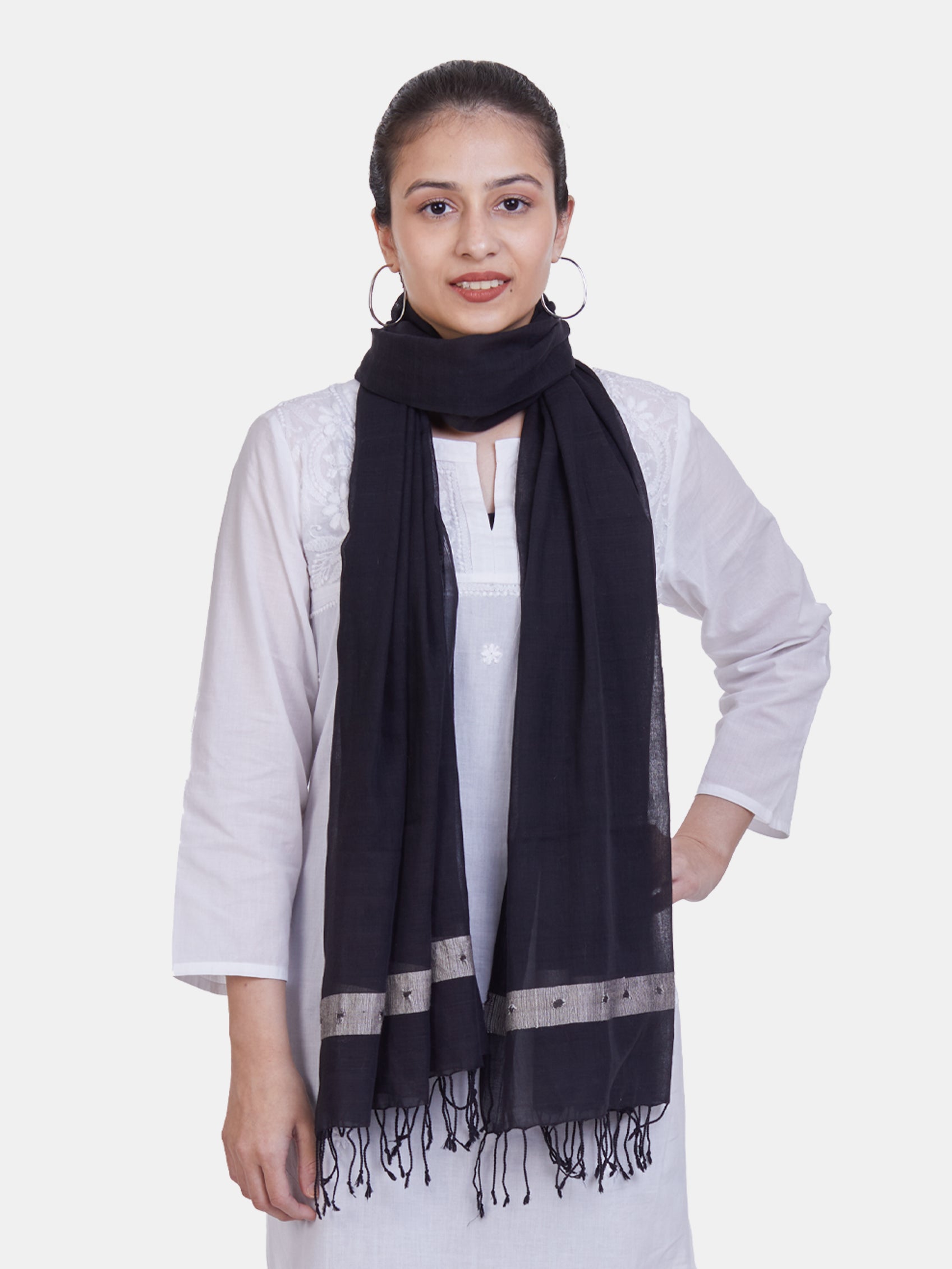 ASVA Plain black cotton stole with ghicha silk border woven