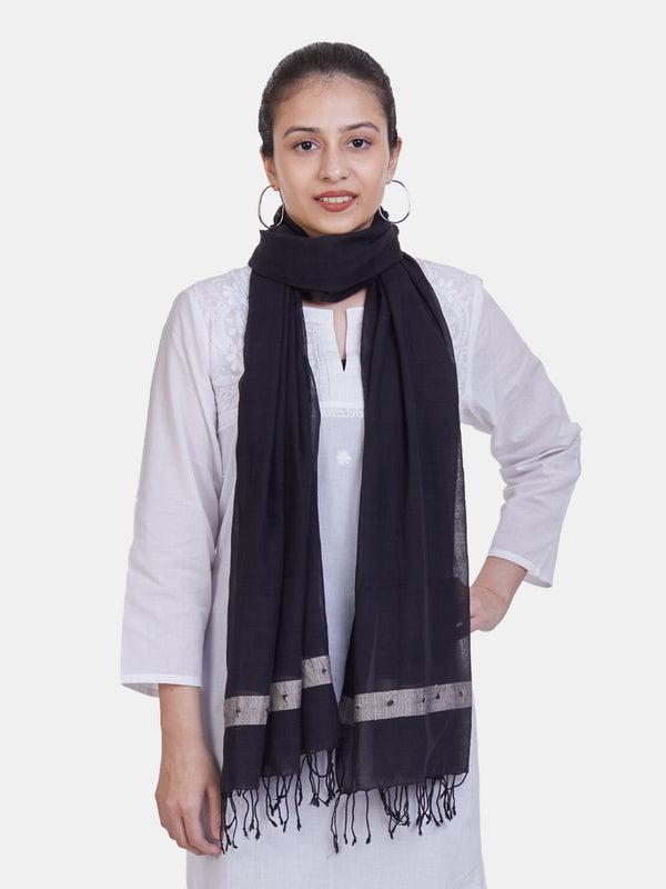 Plain black cotton stole with ghicha silk border woven