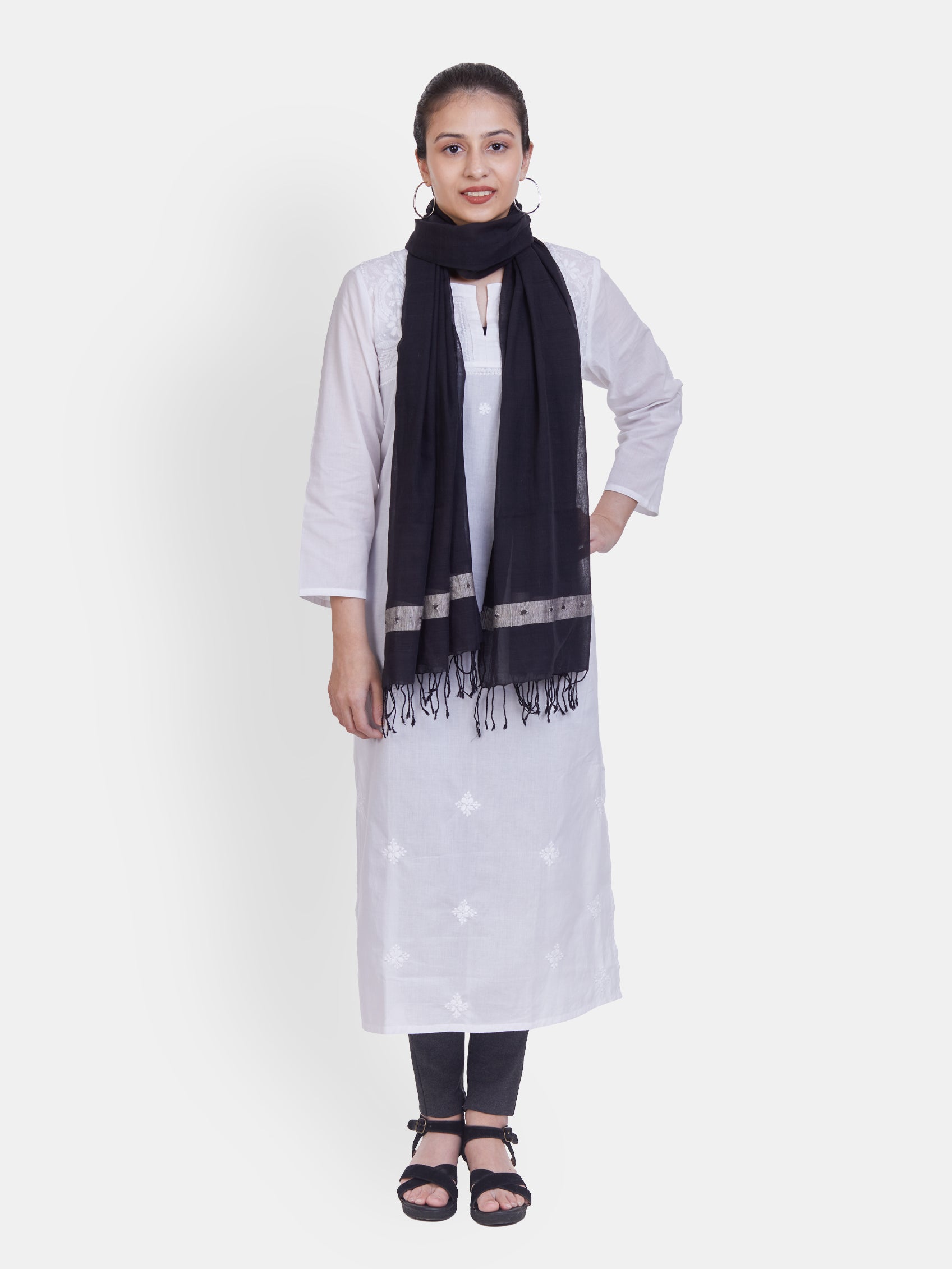 ASVA Plain black cotton stole with ghicha silk border woven