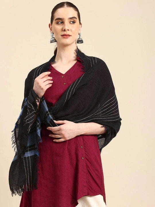 Pure Wool Black Scarf with Blue Border, White Stripes Border and Four-Sided Fringes