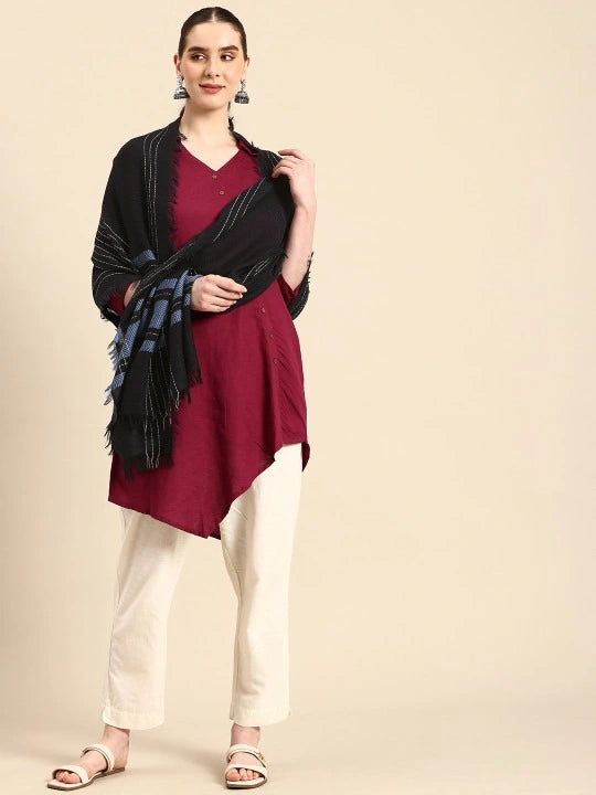 Pure Wool Black Scarf with Blue Border, White Stripes Border and Four-Sided Fringes