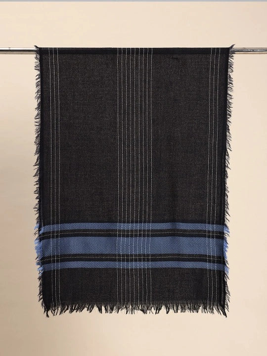 Pure Wool Black Scarf with Blue Border, White Stripes Border and Four-Sided Fringes