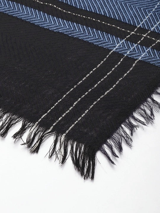Pure Wool Black Scarf with Blue Border, White Stripes Border and Four-Sided Fringes