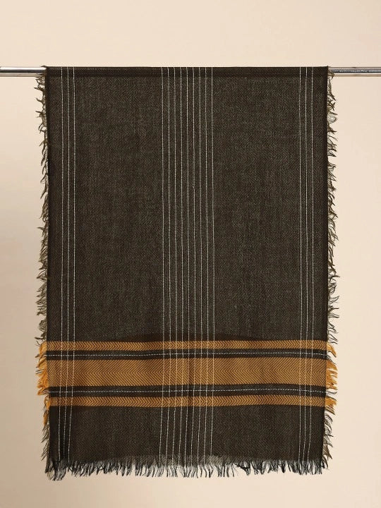 Pure Wool Black Scarf with Mustard Colour Border, White Striped Border and Four-Sided Fringes