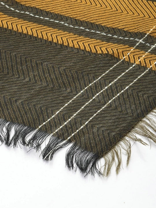 Pure Wool Black Scarf with Mustard Colour Border, White Striped Border and Four-Sided Fringes