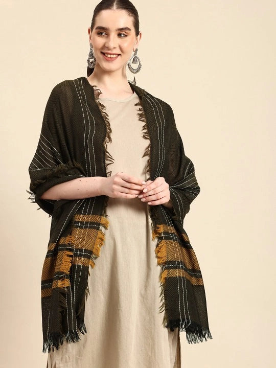 Pure Wool Black Scarf with Mustard Colour Border, White Striped Border and Four-Sided Fringes