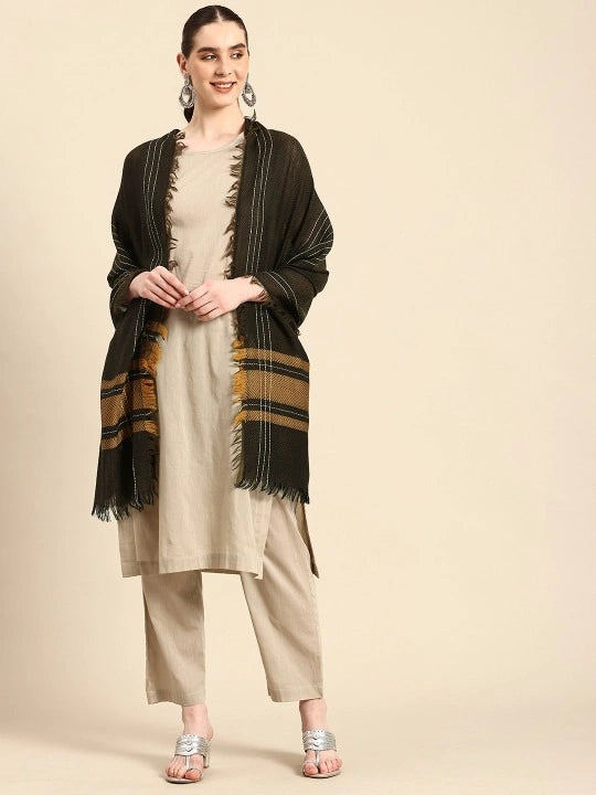 Pure Wool Black Scarf with Mustard Colour Border, White Striped Border and Four-Sided Fringes
