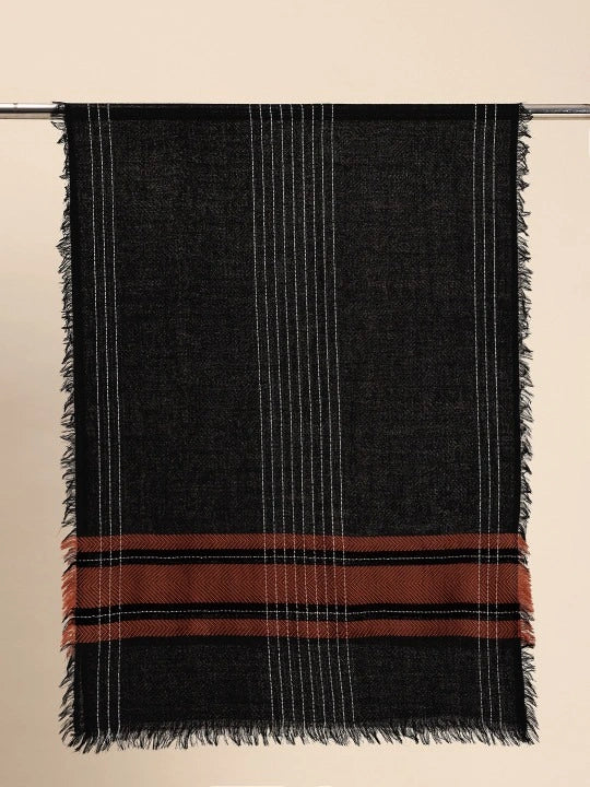 Pure Wool Black Scarf with Red Border, White Stripes and Four-Sided Fringes