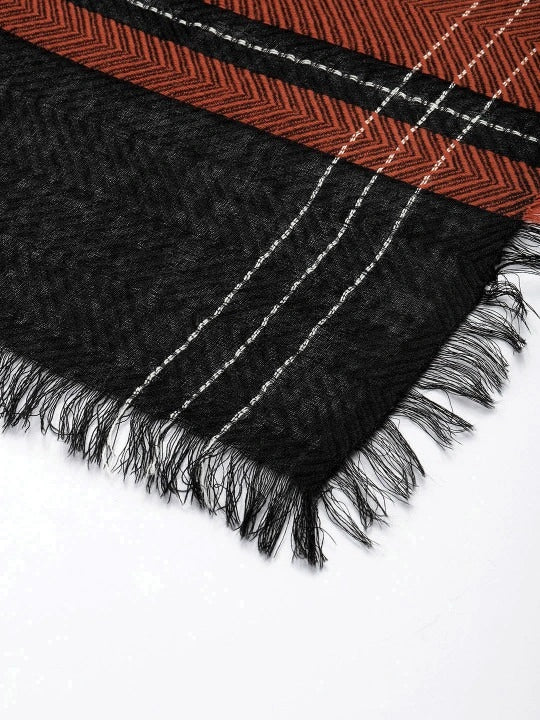Pure Wool Black Scarf with Red Border, White Stripes and Four-Sided Fringes