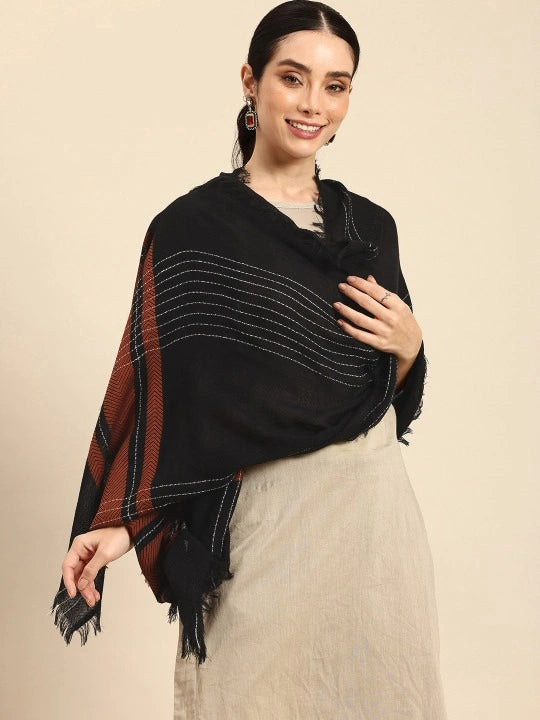 Pure Wool Black Scarf with Red Border, White Stripes and Four-Sided Fringes