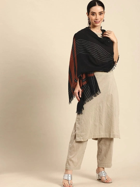 Pure Wool Black Scarf with Red Border, White Stripes and Four-Sided Fringes