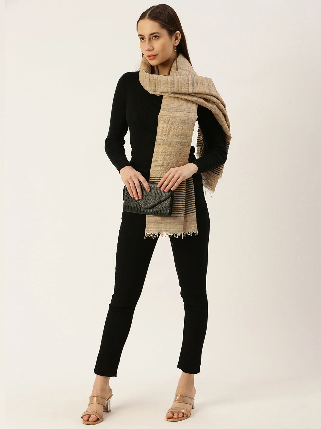 ASVA  Tussar Silk Scarf with Black Striped Border and Tassels