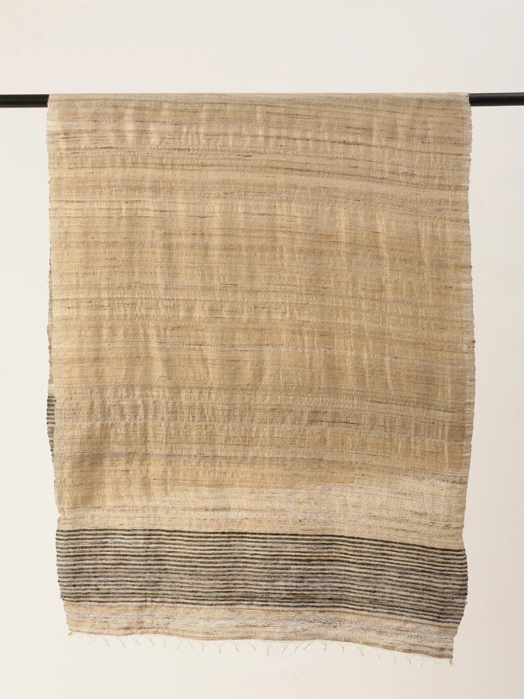 ASVA  Tussar Silk Scarf with Black Striped Border and Tassels