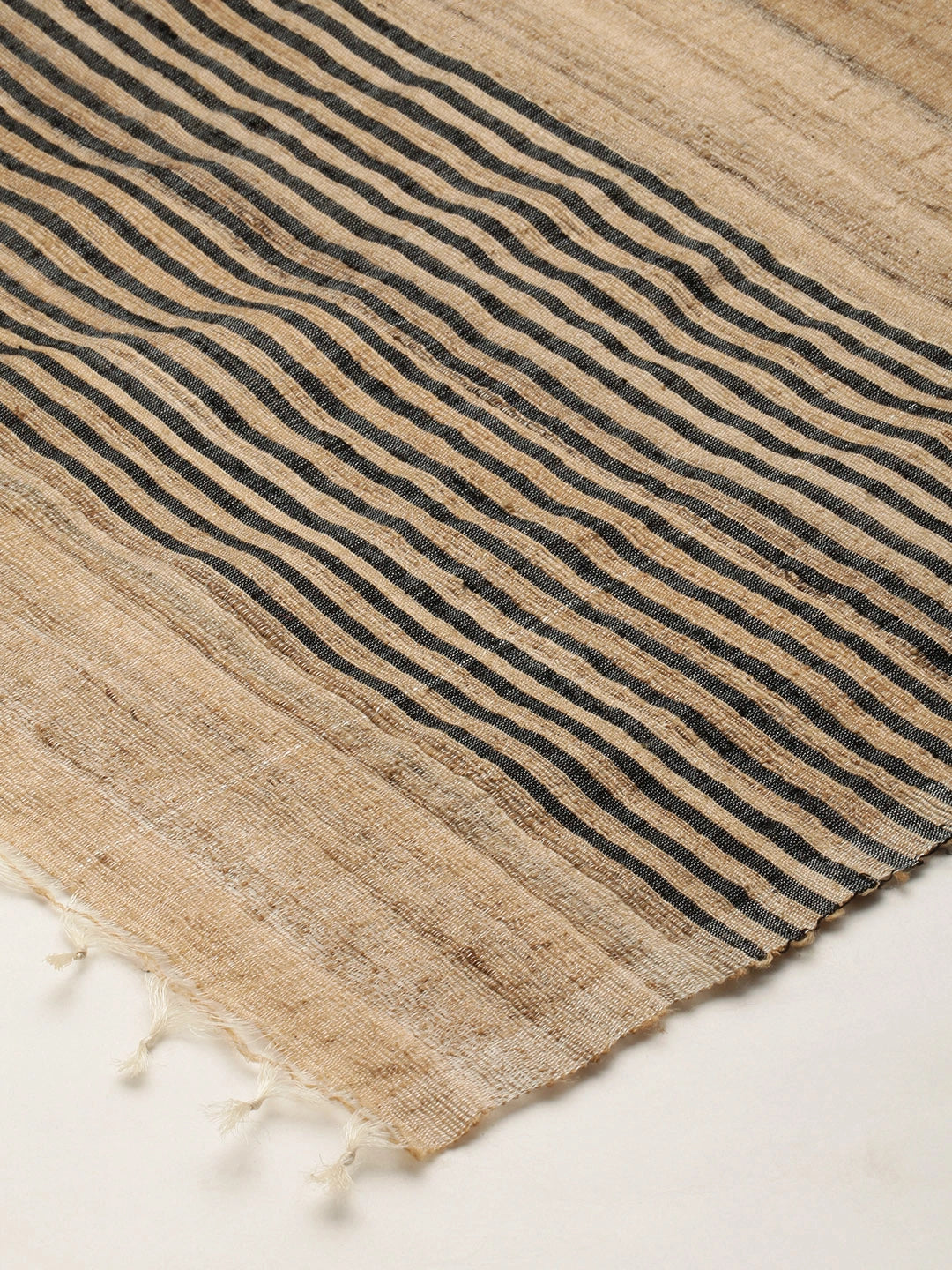 ASVA  Tussar Silk Scarf with Black Striped Border and Tassels