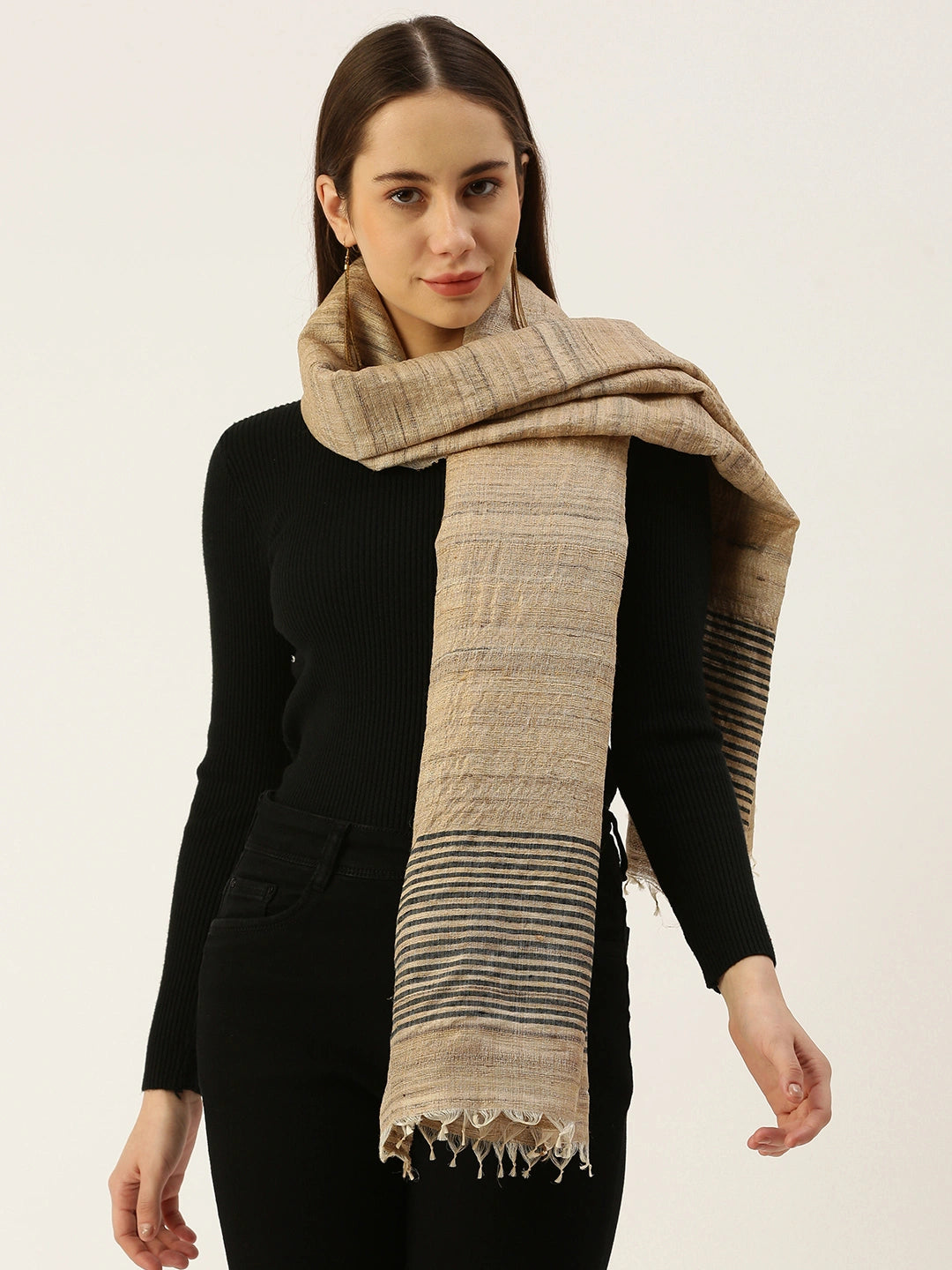 ASVA  Tussar Silk Scarf with Black Striped Border and Tassels