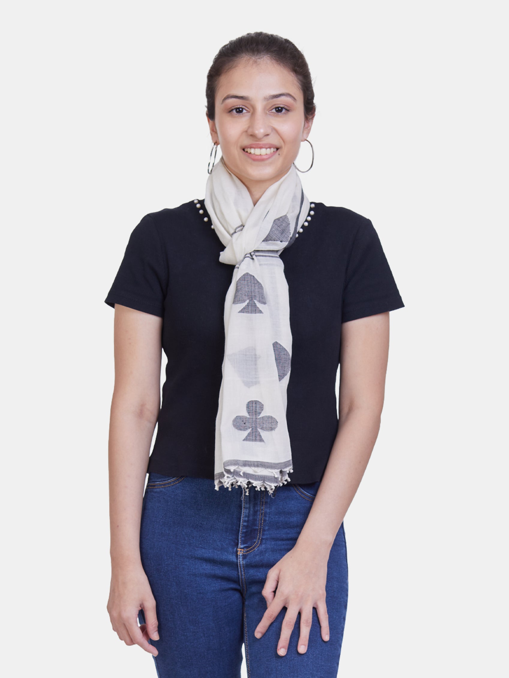 ASVA White Cotton Scarf for Women | Handwoven Deck of Cards Jamdani