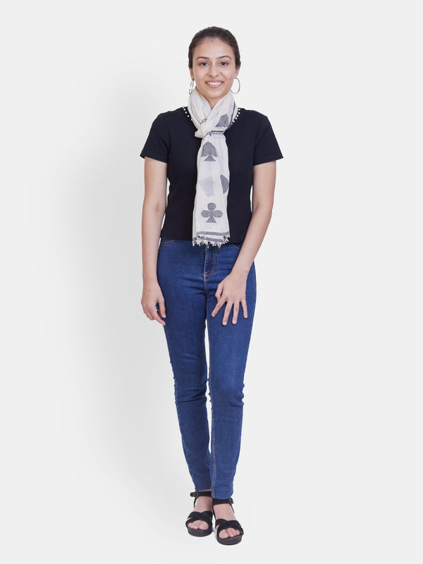 White Cotton Scarf for Women | Handwoven Deck of Cards Jamdani