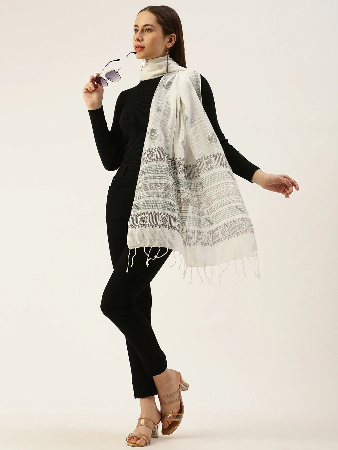 ASVA White Cotton Scarf with Grey & Green Handblock Printed