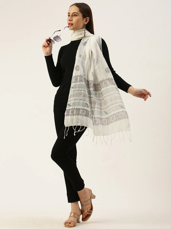 White Cotton Scarf with Grey & Green Handblock Printed