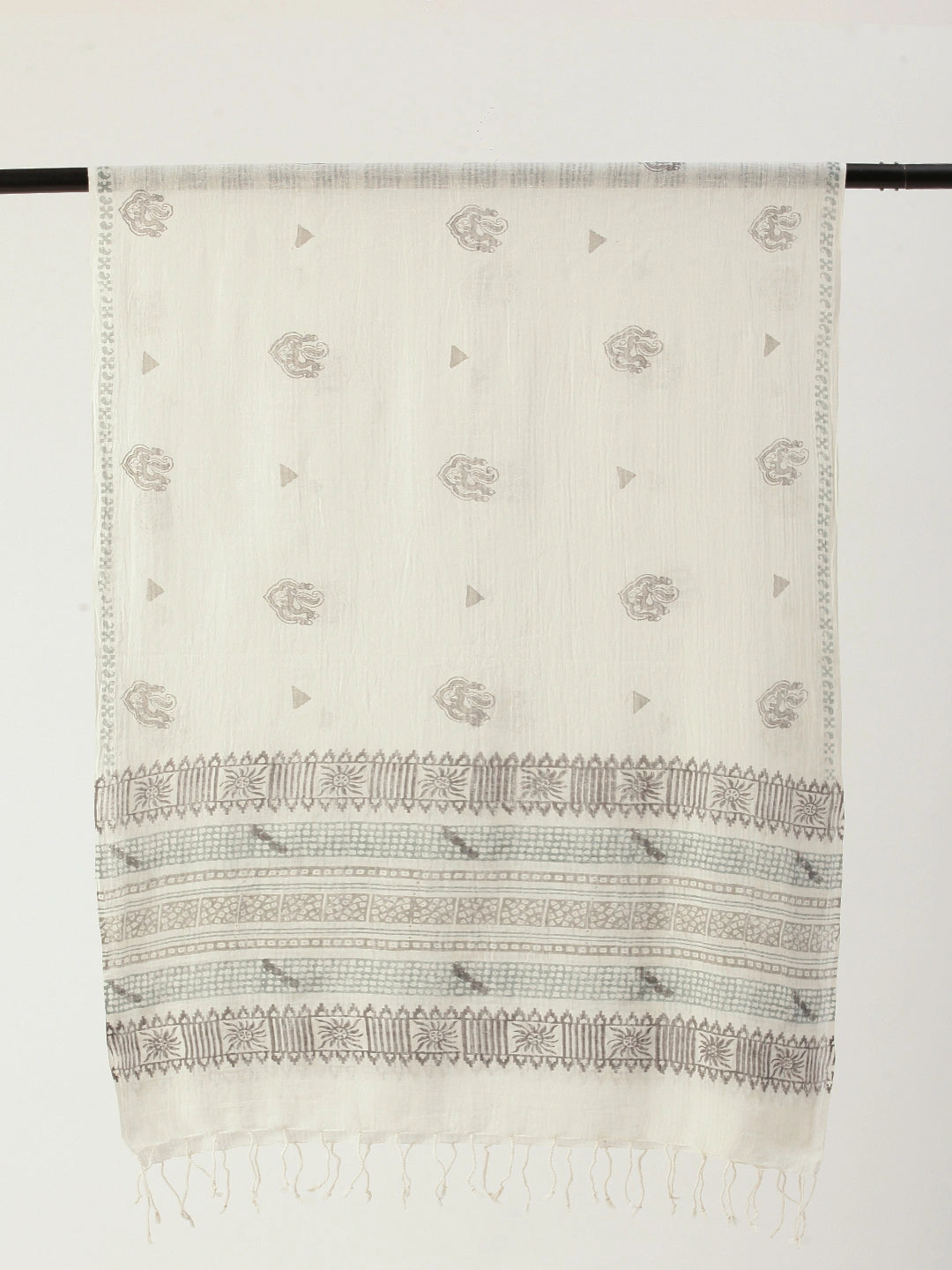 ASVA White Cotton Scarf with Grey & Green Handblock Printed