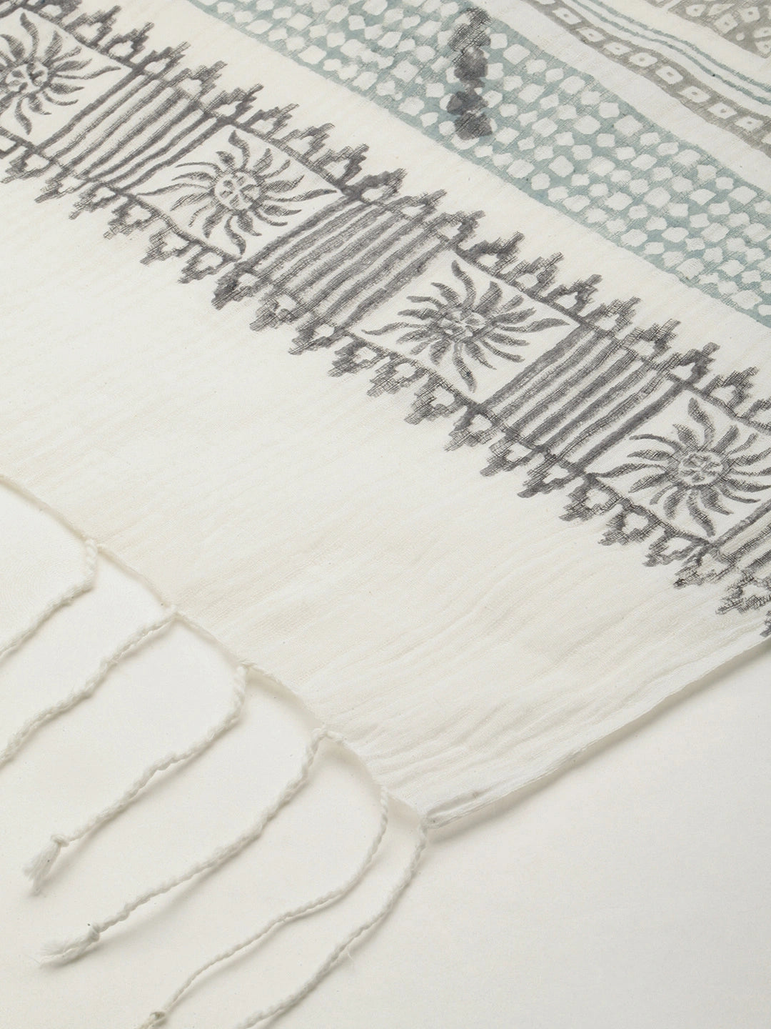 ASVA White Cotton Scarf with Grey & Green Handblock Printed
