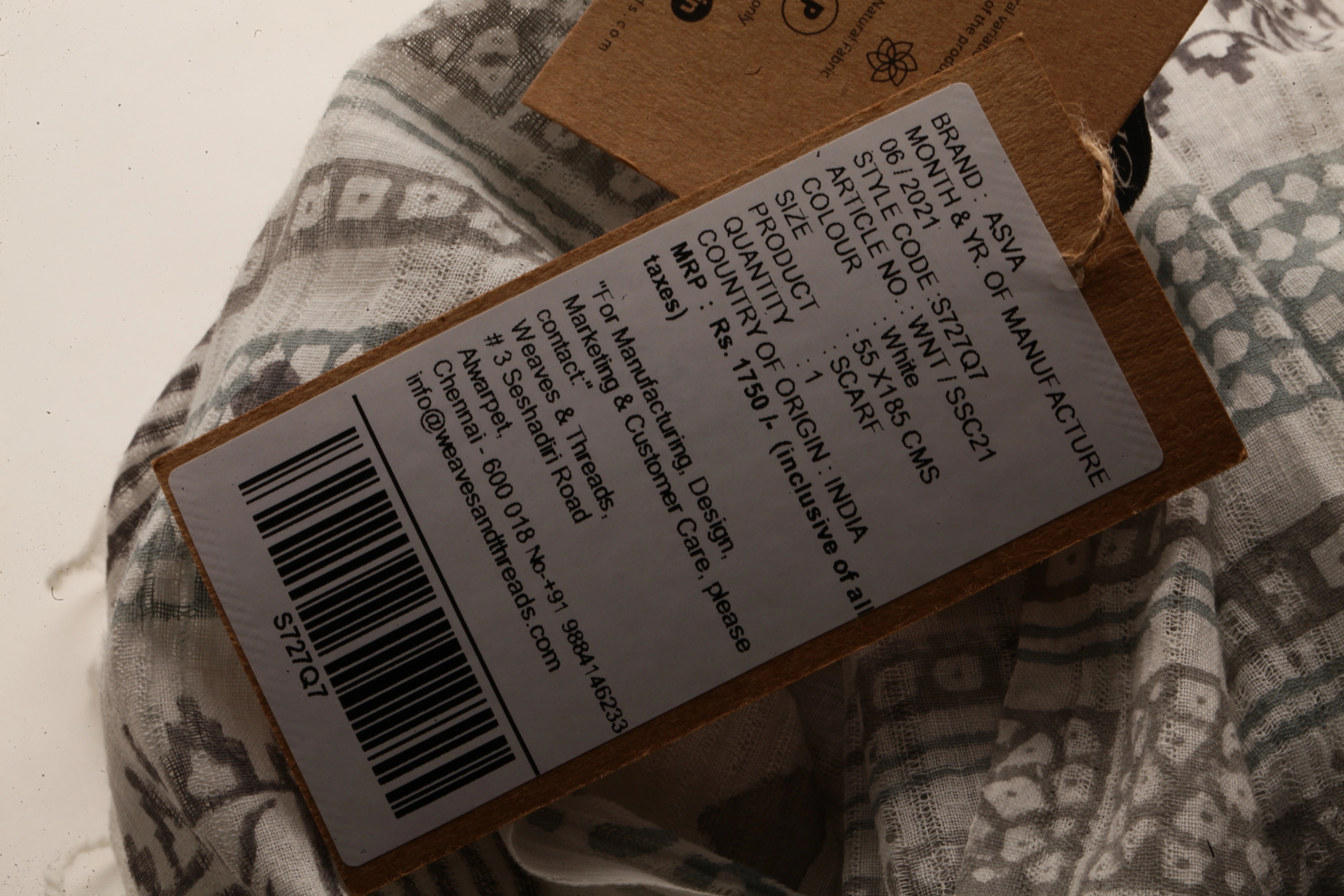 ASVA White Cotton Scarf with Grey & Green Handblock Printed