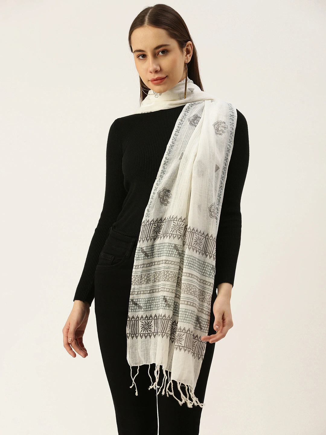 ASVA White Cotton Scarf with Grey & Green Handblock Printed