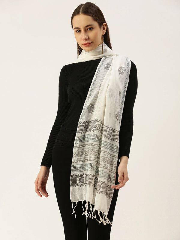 White Cotton Scarf with Grey & Green Handblock Printed