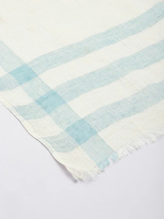 White Linen Scarf with Green Checked Pattern