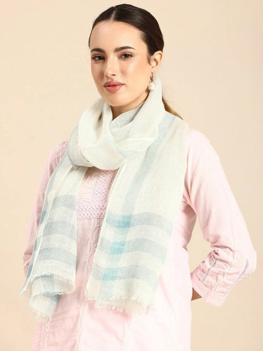 White Linen Scarf with Green Checked Pattern