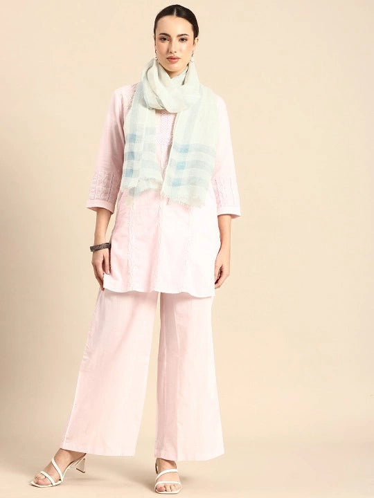 White Linen Scarf with Green Checked Pattern