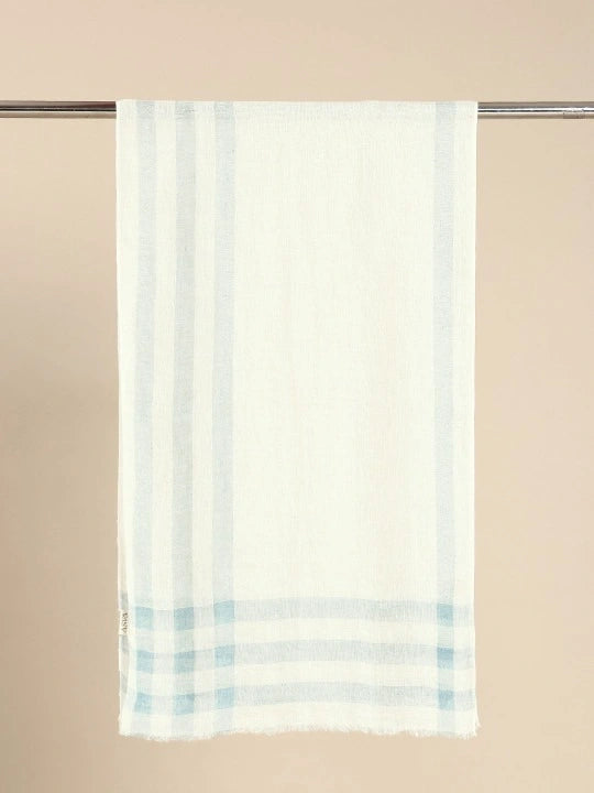 White Linen Scarf with Green Checked Pattern