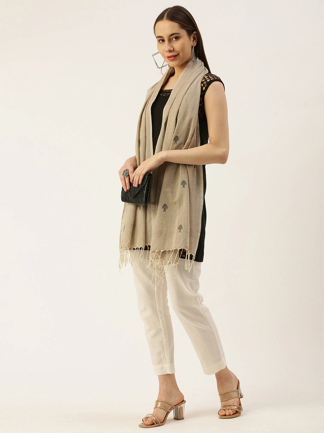 ASVA Women's Beige Cotton Scarf with Black Jamdani Fish & Tasselled Border