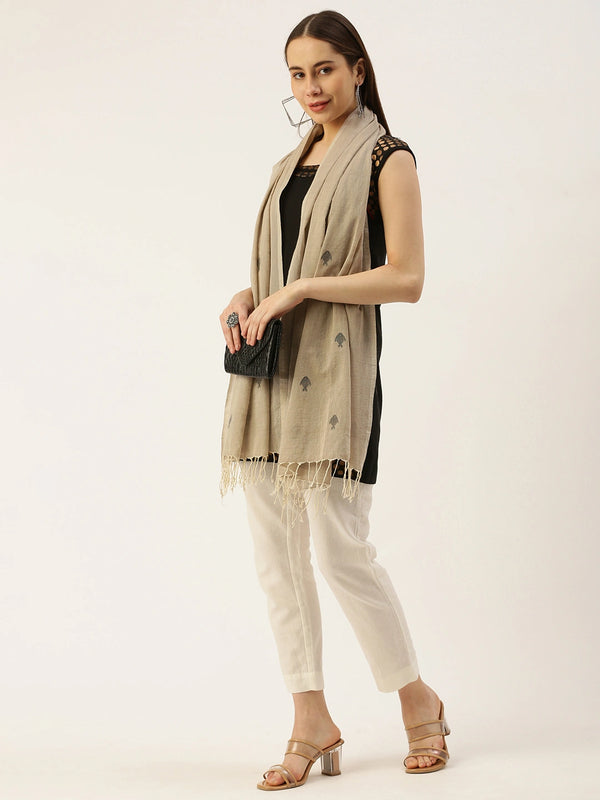 Women's Beige Cotton Scarf with Black Jamdani Fish & Tasselled Border