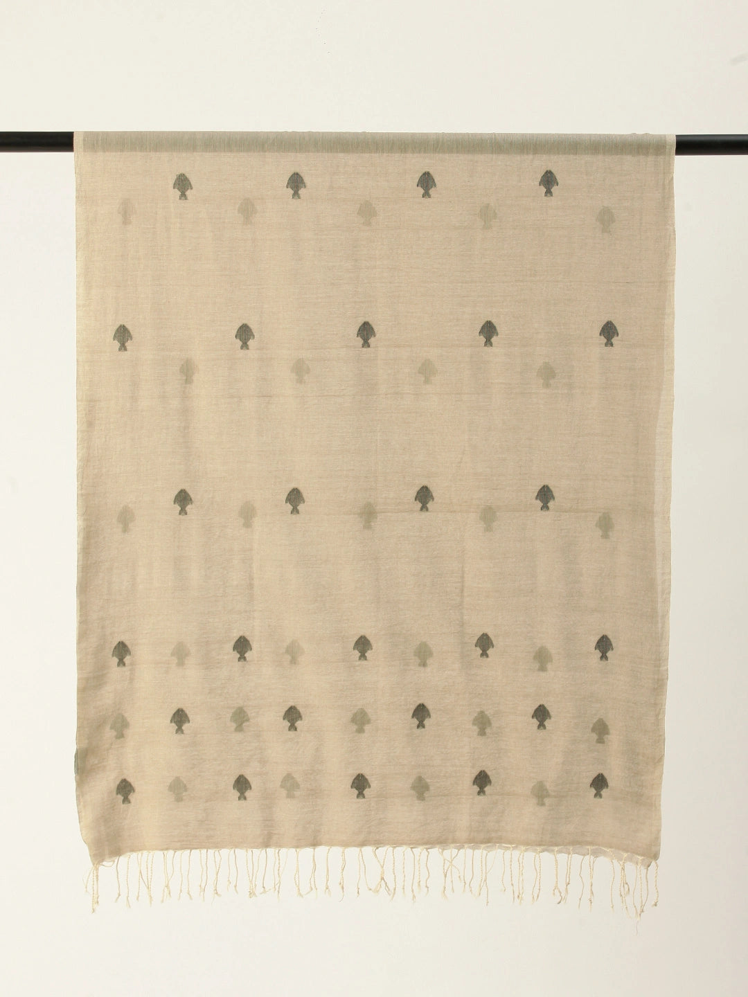 ASVA Women's Beige Cotton Scarf with Black Jamdani Fish & Tasselled Border