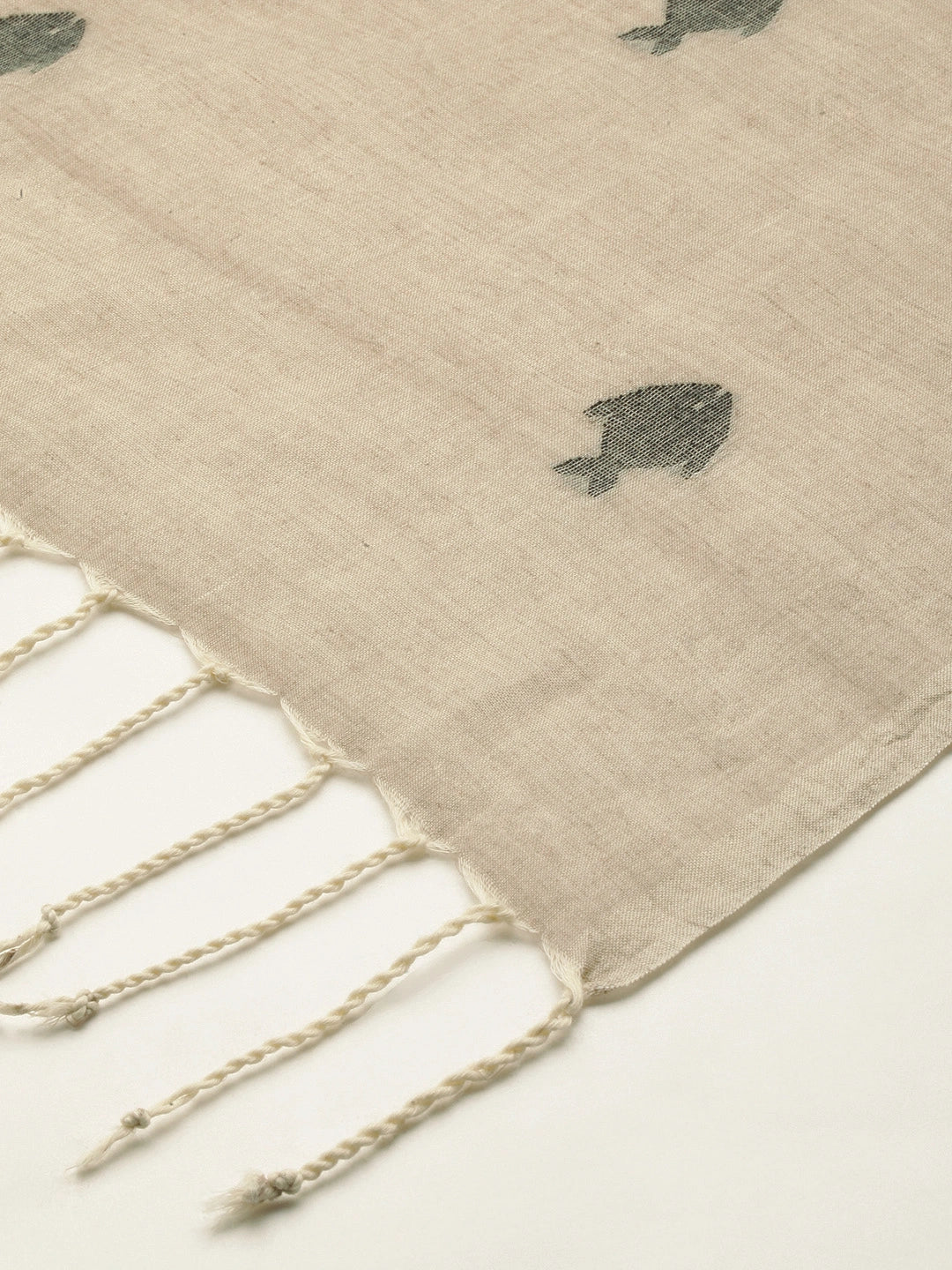 ASVA Women's Beige Cotton Scarf with Black Jamdani Fish & Tasselled Border