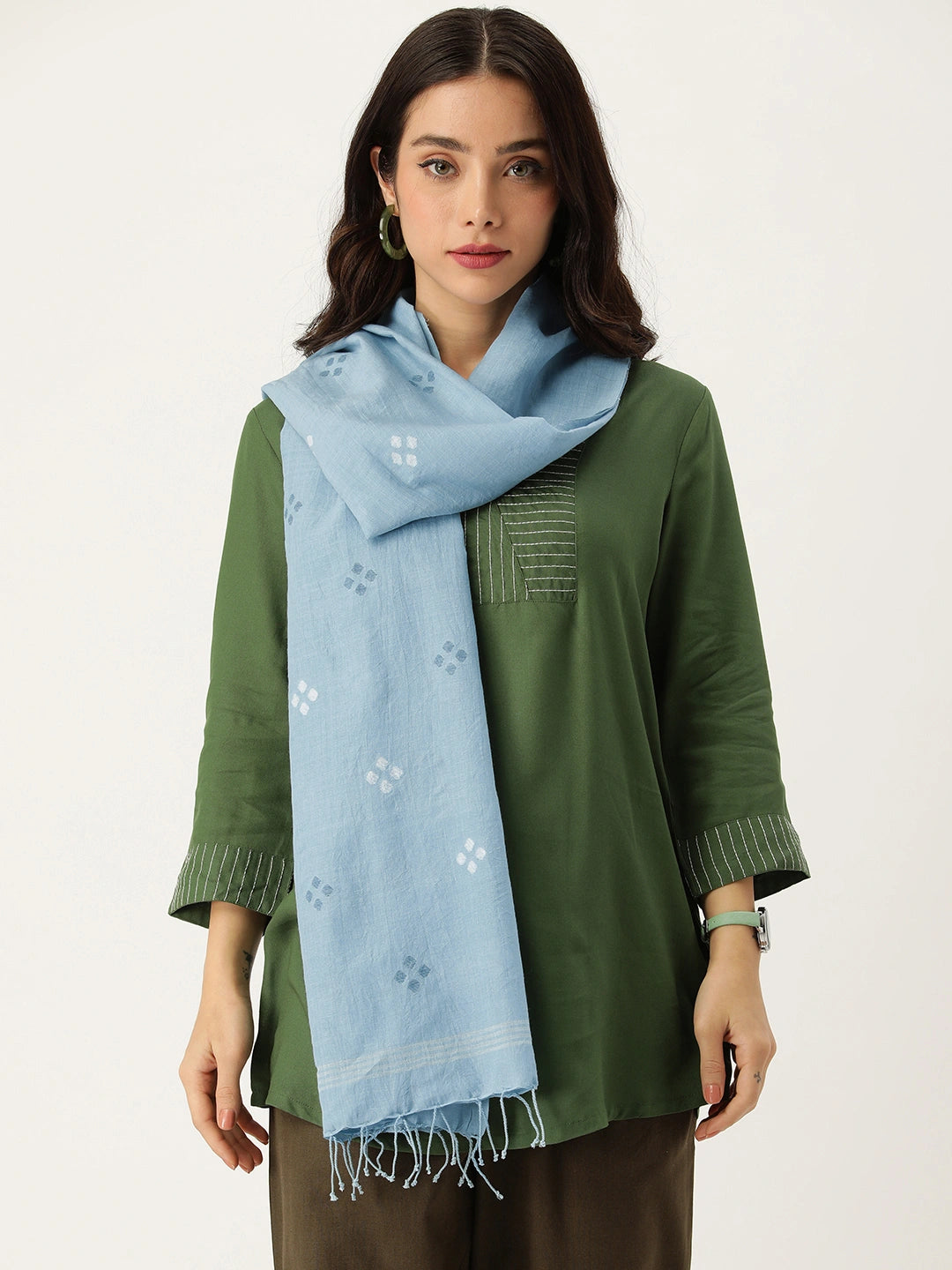 ASVA Women's Blue Cotton Scarf with Jamdani Butta Work