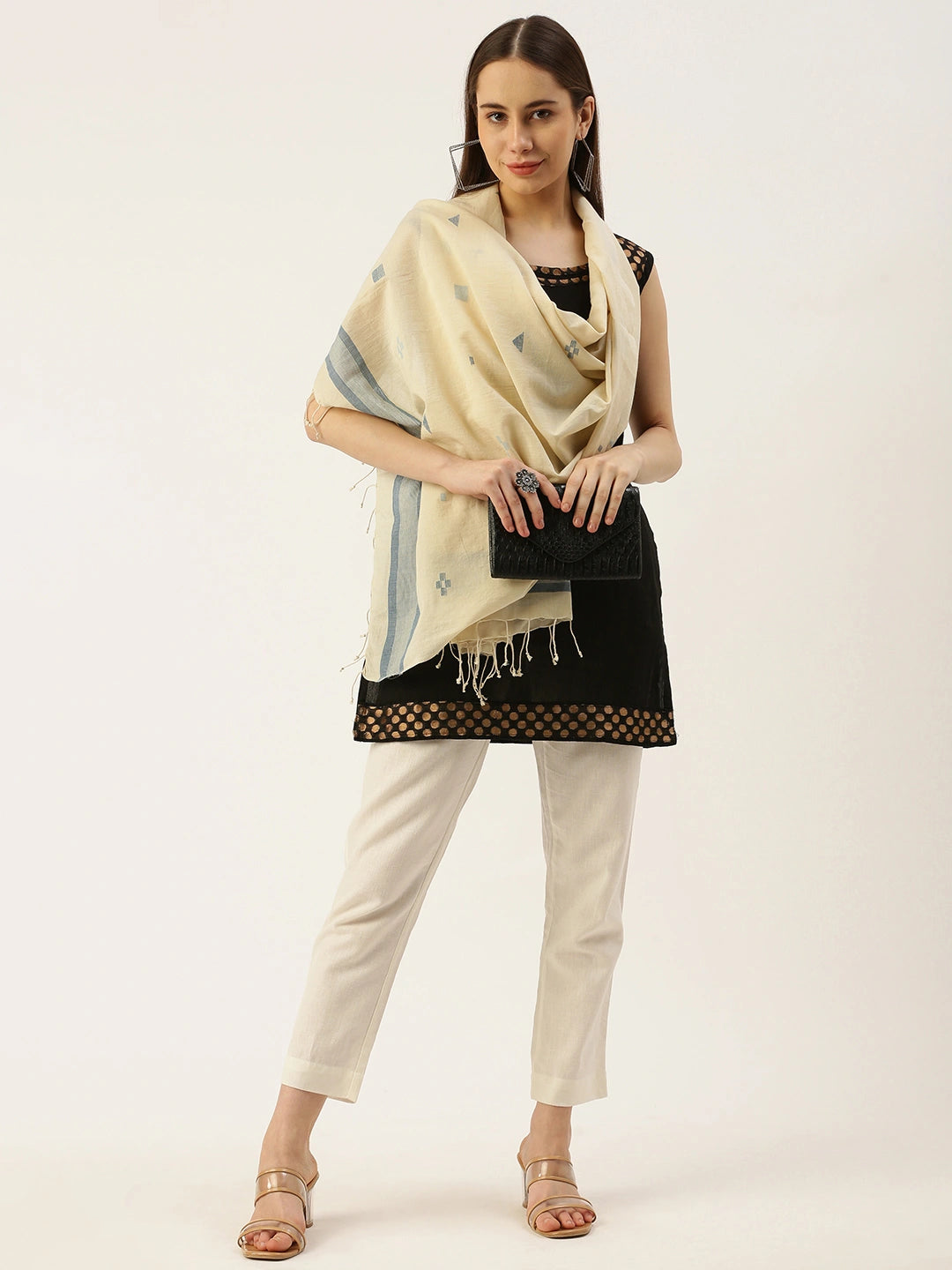 ASVA Women's Cream Khadi Cotton Scarf with Blue Border and all over Jamdani Work