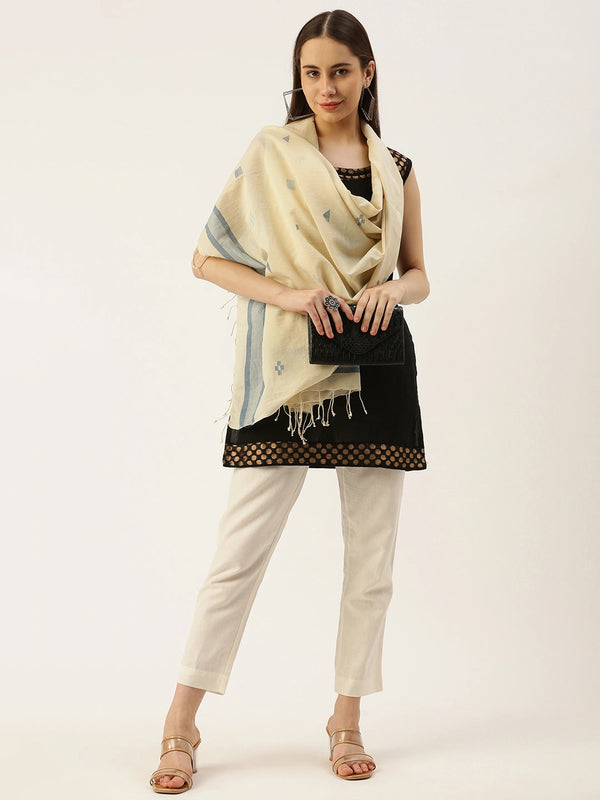 Women's Cream Khadi Cotton Scarf with Blue Border and all over Jamdani Work