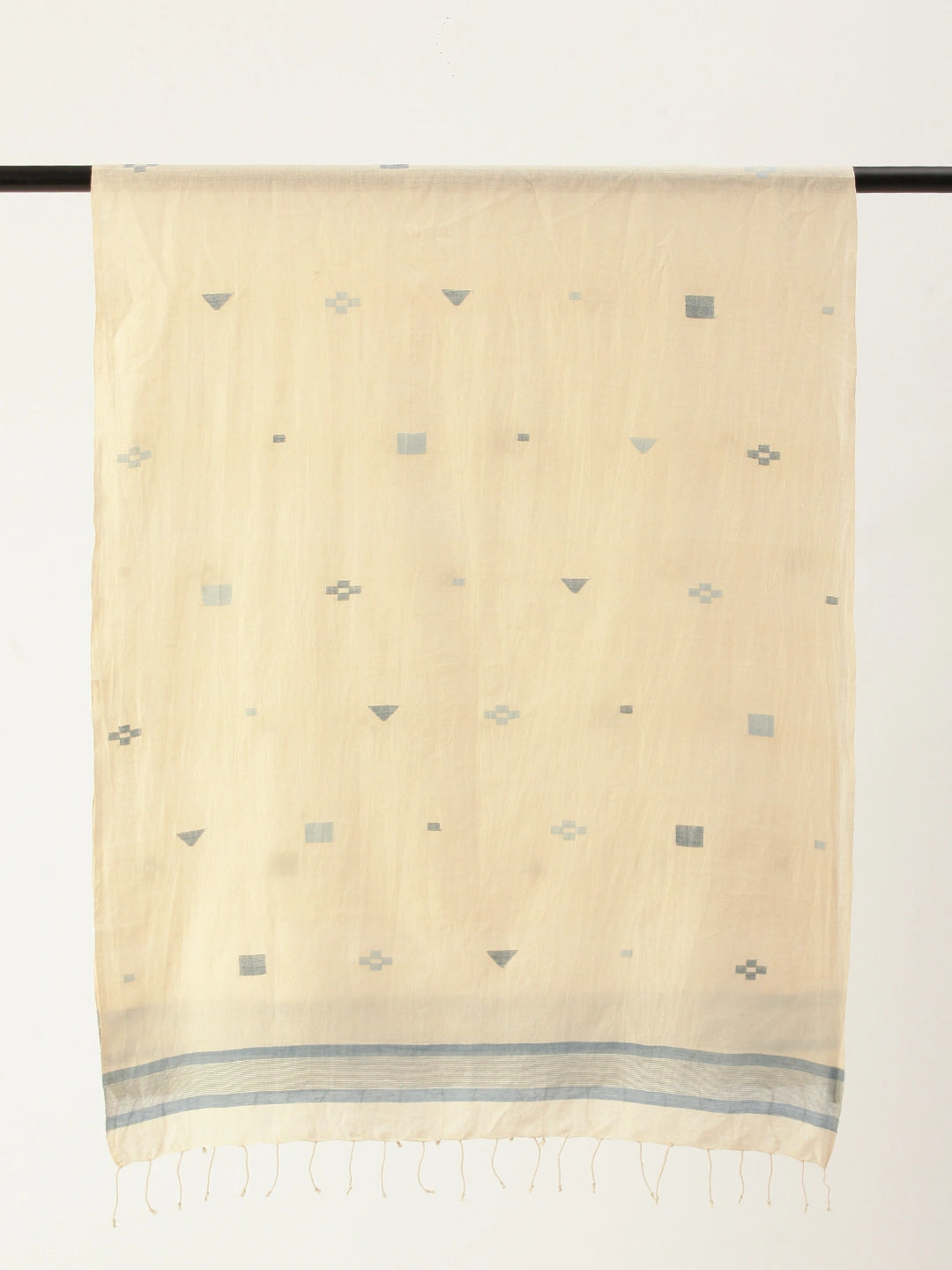 ASVA Women's Cream Khadi Cotton Scarf with Blue Border and all over Jamdani Work