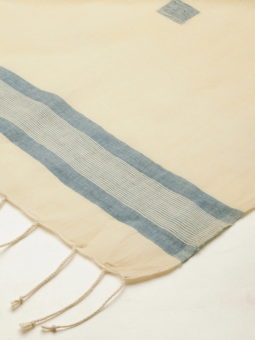 ASVA Women's Cream Khadi Cotton Scarf with Blue Border and all over Jamdani Work