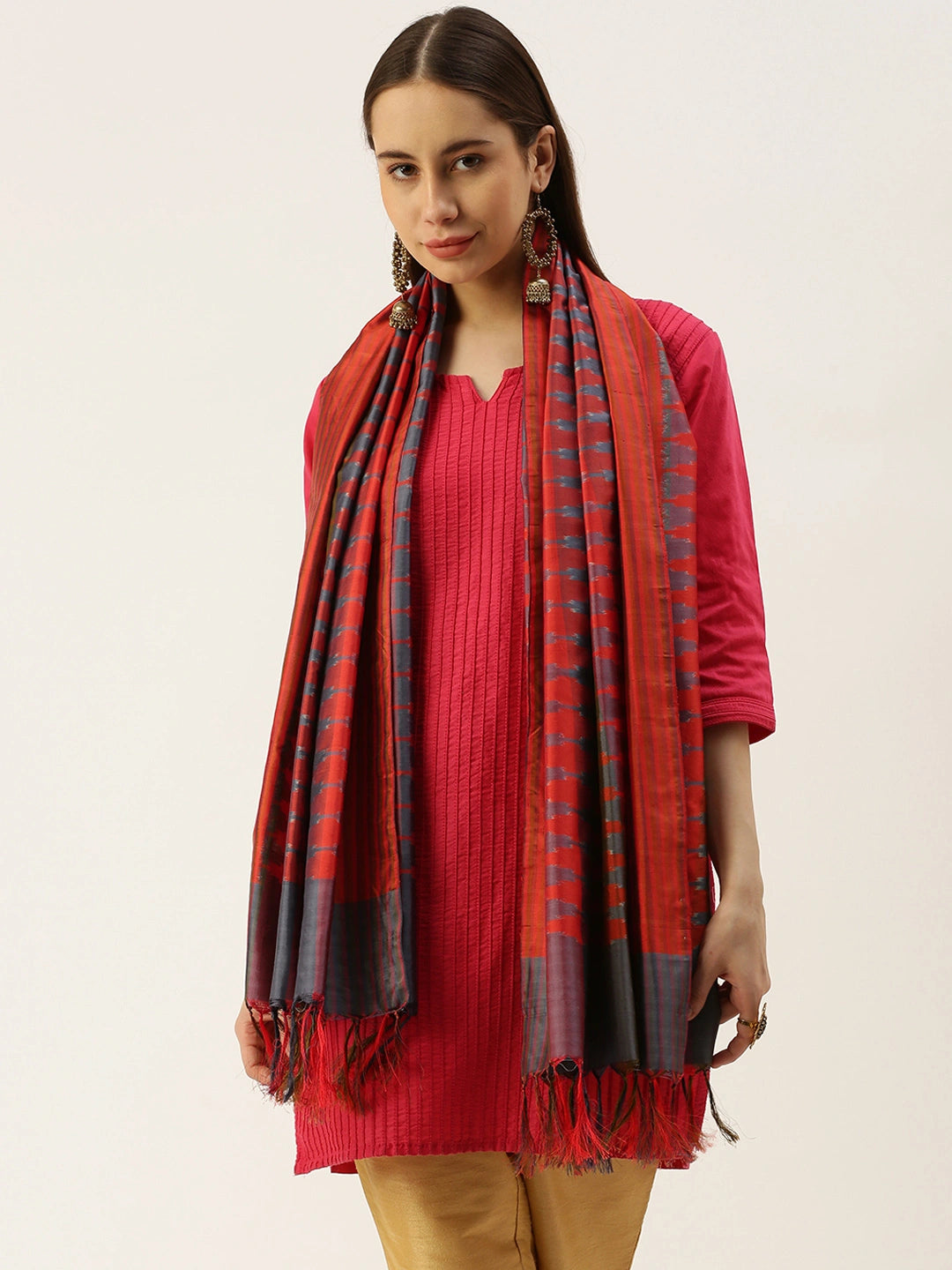 ASVA Women's Double Ikat Silk Scarf with Tassels