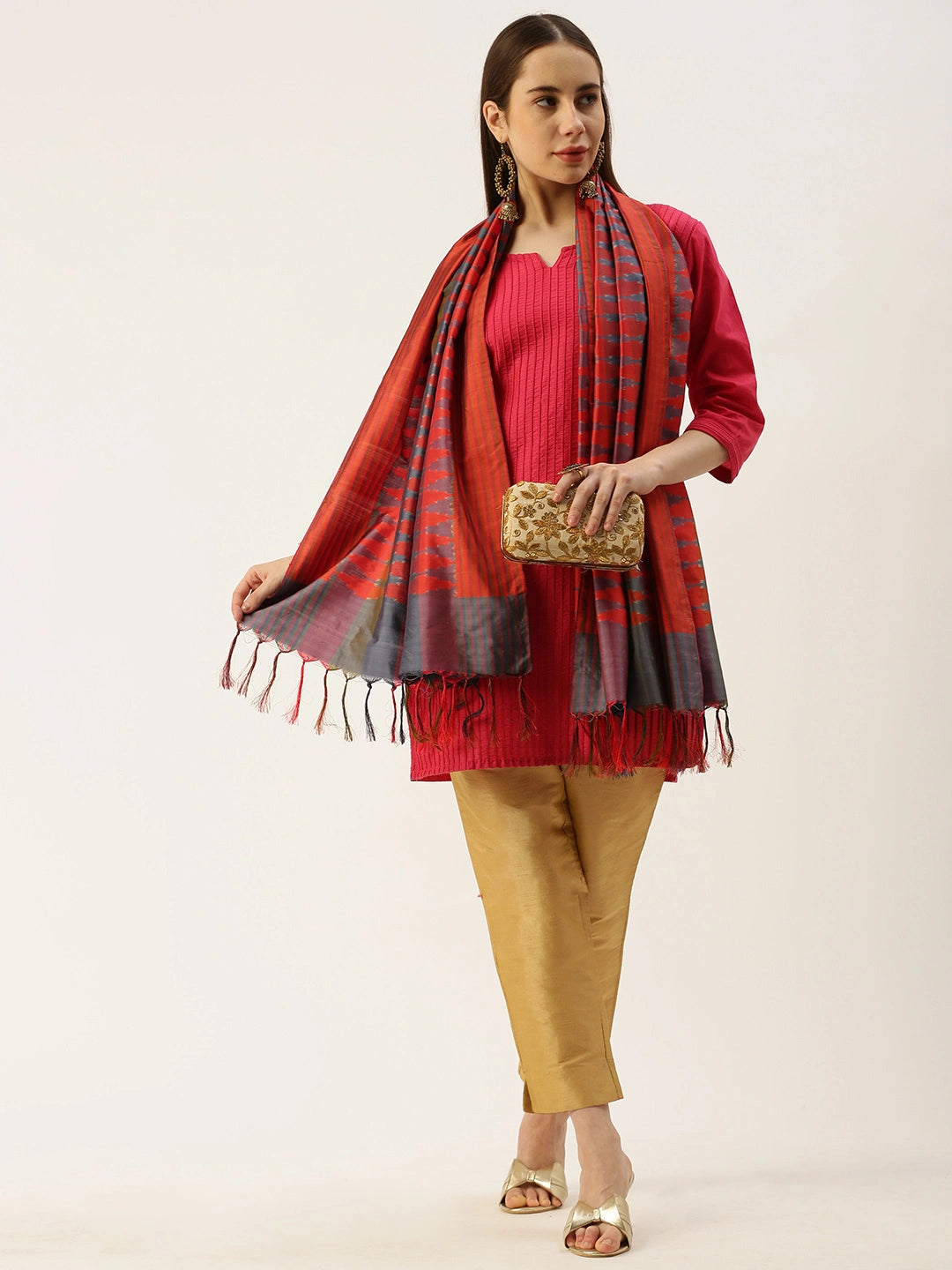 ASVA Women's Double Ikat Silk Scarf with Tassels